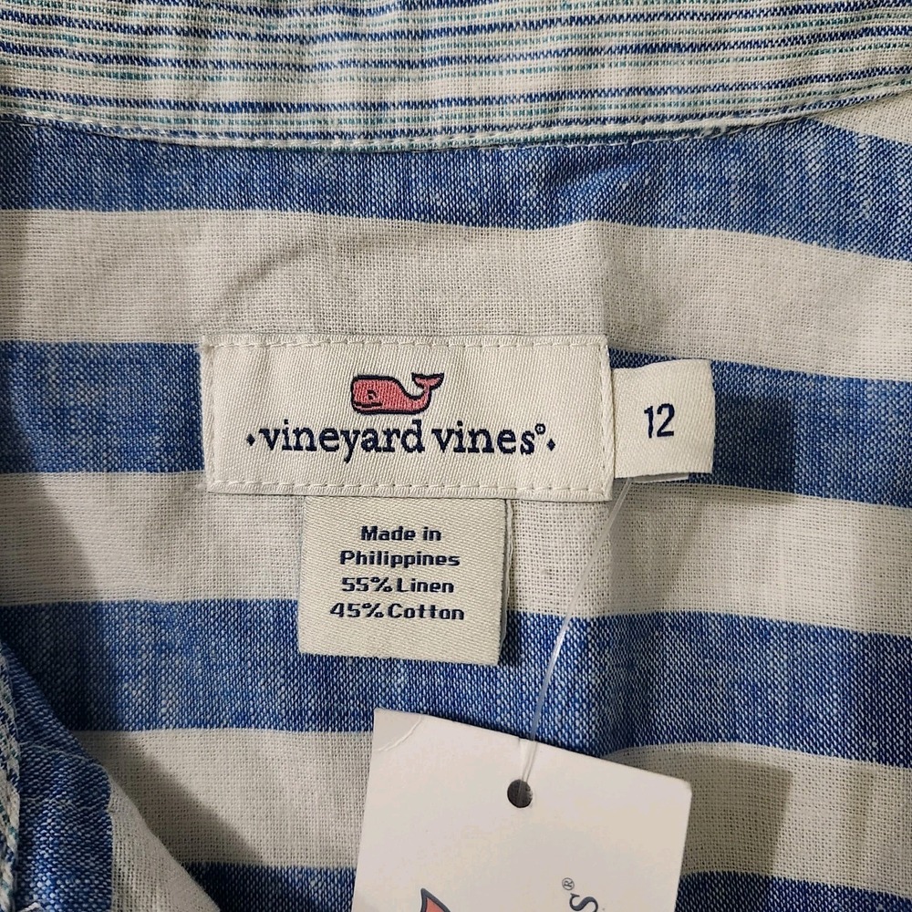 Vineyard Vines Womens Stripe Tie-Front Shirt Blue/White Size 12 Linen Button-Up - Picture 9 of 15